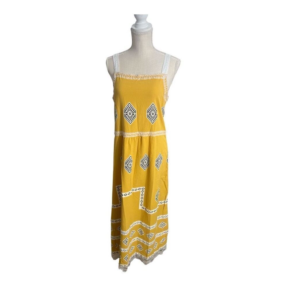 Misslook Maxi Boho Yellow Shift Dress Size M Southwestern Lace Trim Sleeveless